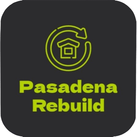 Logo with a yellow outline of a house inside a circular arrow above the text "Pasadena Rebuild" on a dark background.
